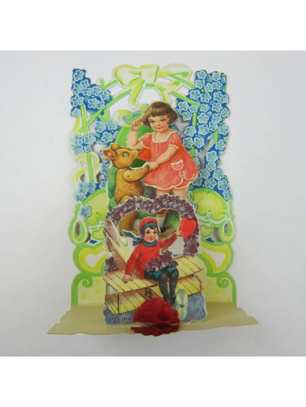 Vintage Valentine Honeycomb 3D Pop Up Die Cut Girl Pink Dress Boy Blue Flowers